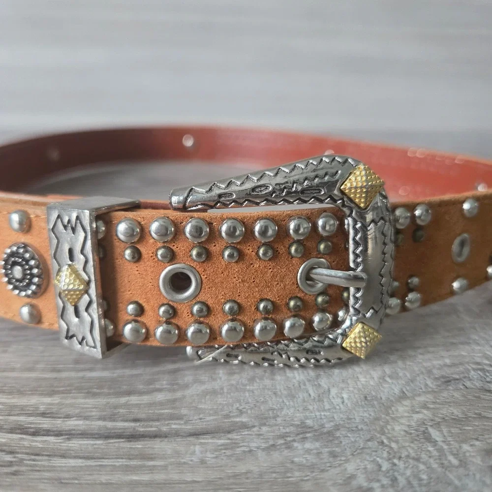 Jana Leather Belt Western Studded Vtg Tan Women Large Brown Silver Gold Concho